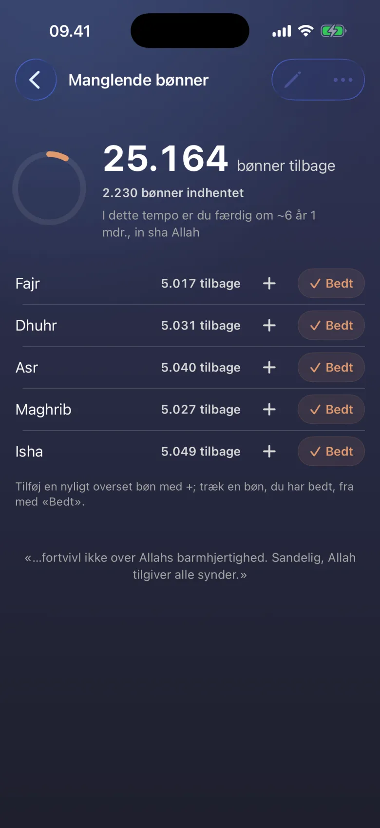 Qada, indhentet bøn for bøn.