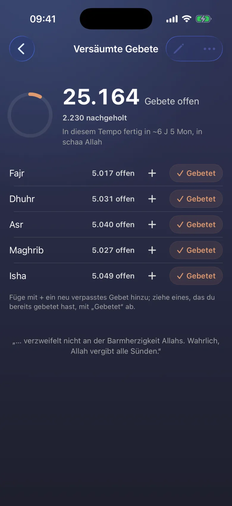 Qada, abgebaut mit jedem Gebet.