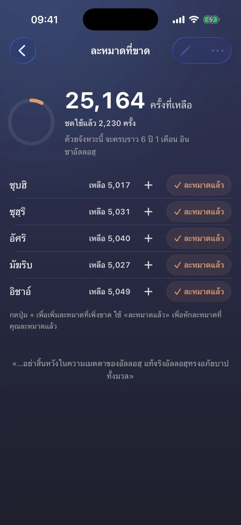 ละหมาดที่ขาด ลดลงทุกครั้งที่ชดใช้